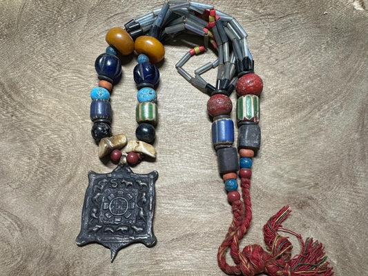 Handmade Nepal Tribal Necklace: Amulet Pendant, Vintage Beads