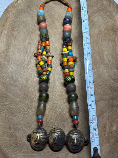 Handmade Nepalese Tribal Beaded Necklace with Brass Face Pendants  Ethnic Himalayan Boho Statement Jewelry