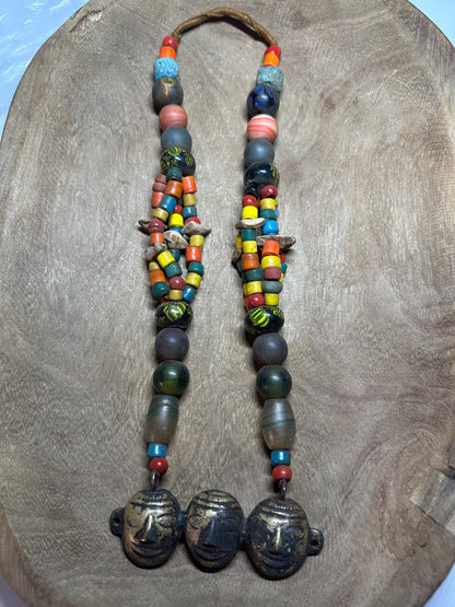 Handmade Nepalese Tribal Beaded Necklace with Brass Face Pendants  Ethnic Himalayan Boho Statement Jewelry