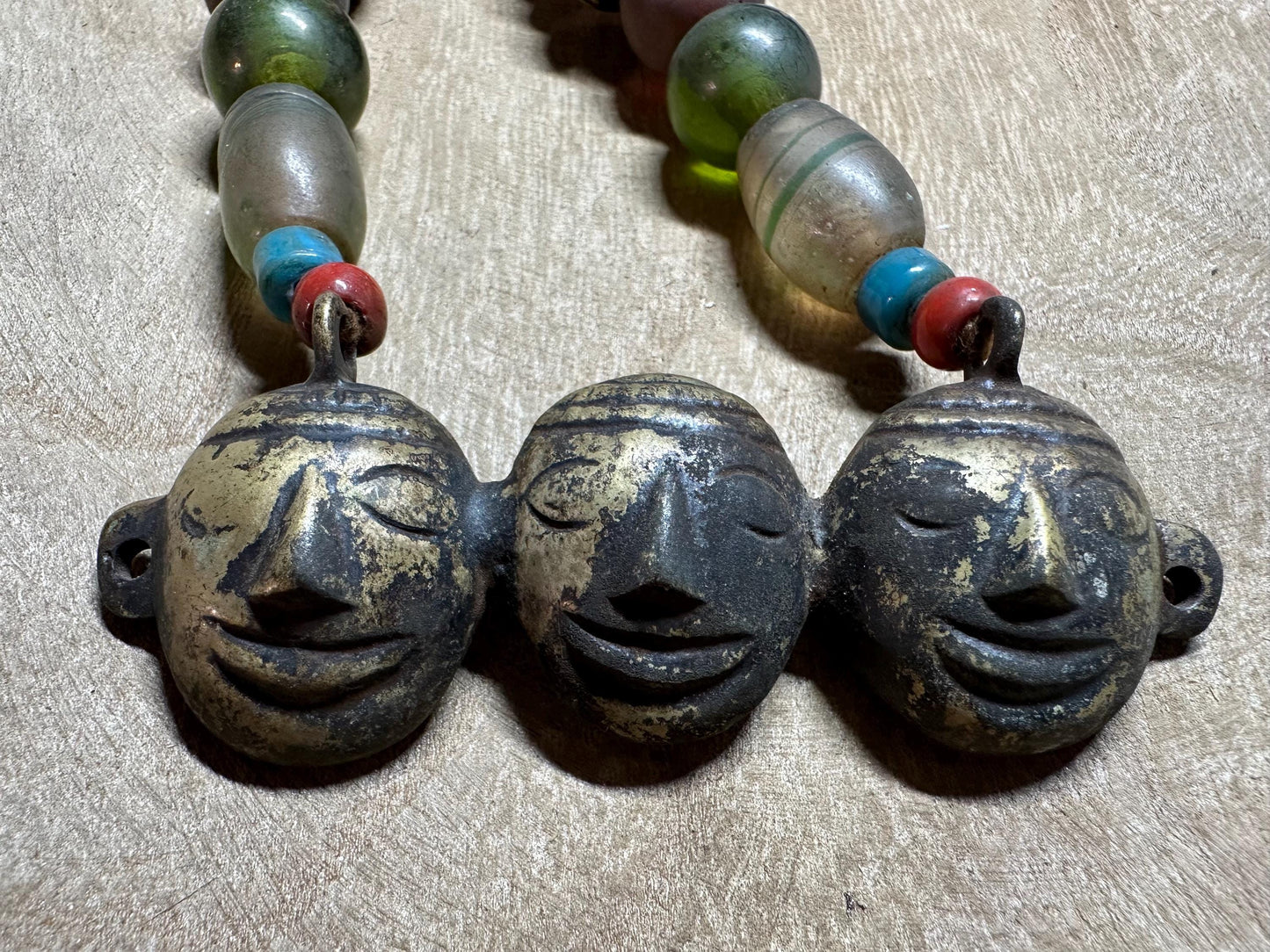 Handmade Nepalese Tribal Beaded Necklace with Brass Face Pendants  Ethnic Himalayan Boho Statement Jewelry