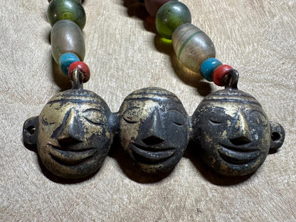 Handmade Nepalese Tribal Beaded Necklace with Brass Face Pendants  Ethnic Himalayan Boho Statement Jewelry