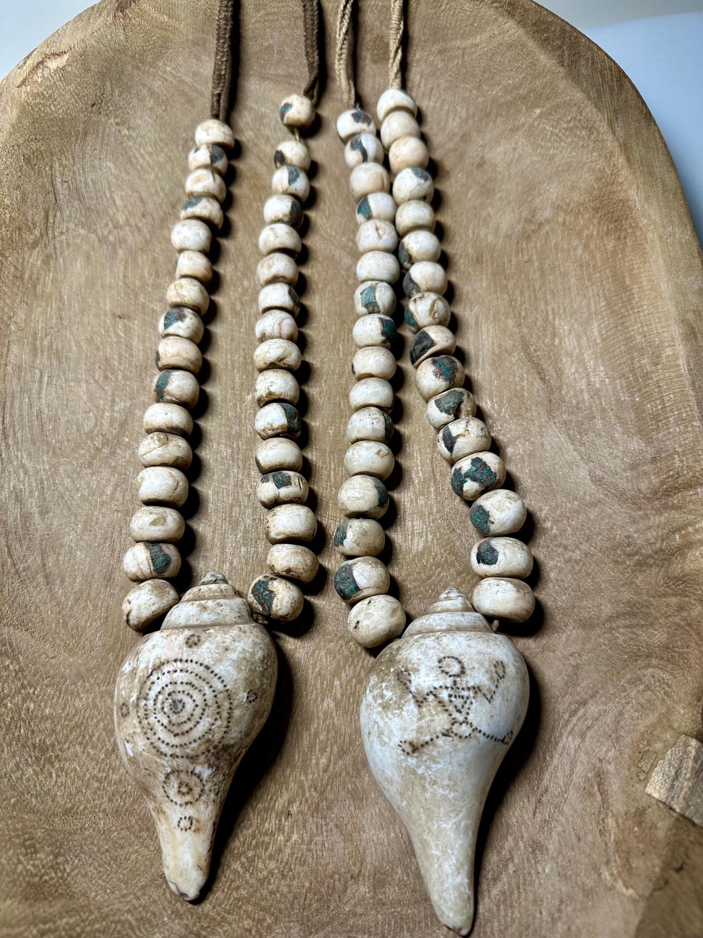 Inlaid Naga Conch Shell Mala Beads: Chank Shell Pendant, Nepal