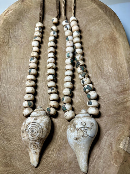 Inlaid Naga Conch Shell Mala Beads: Chank Shell Pendant, Nepal