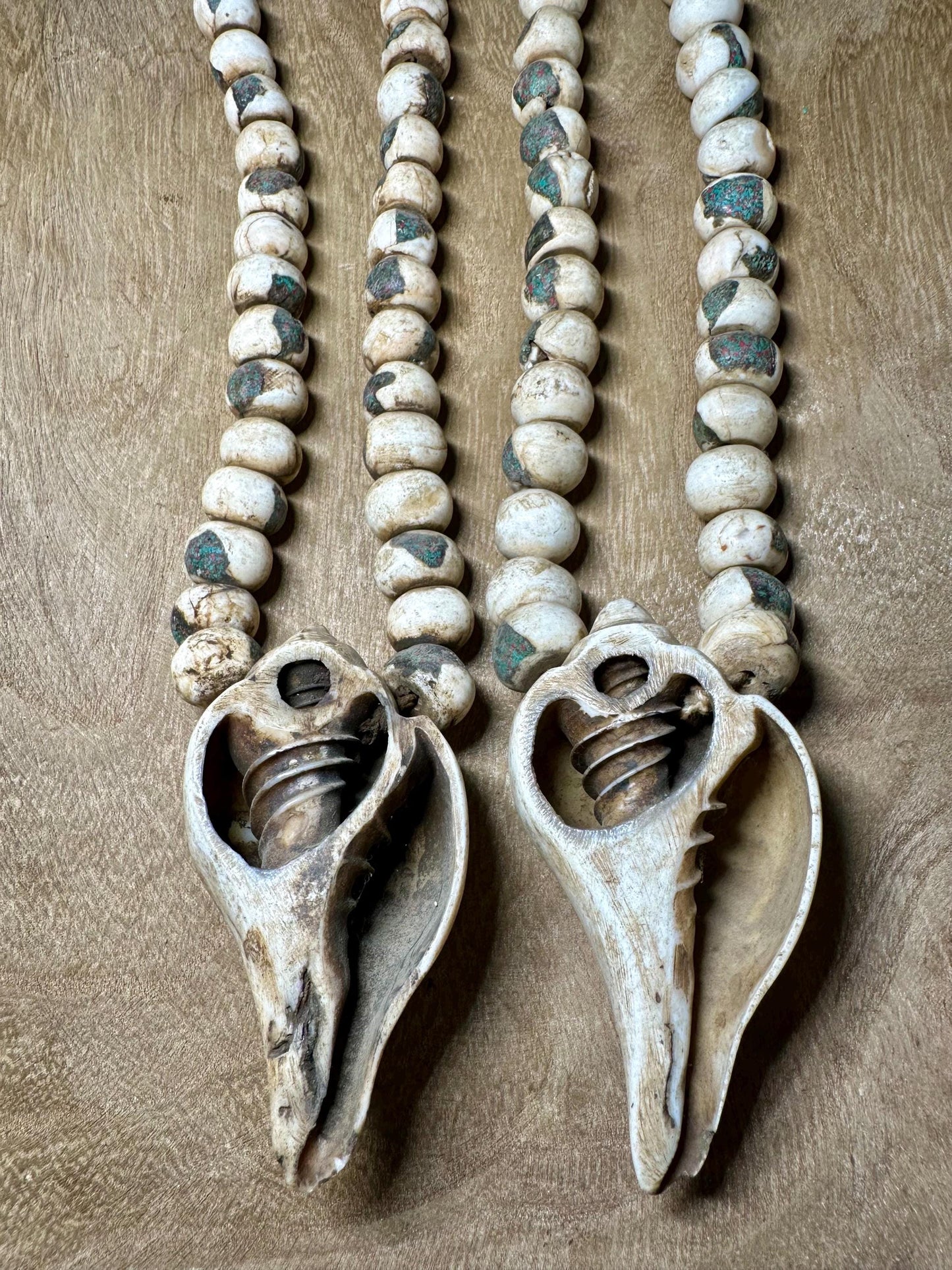 Inlaid Naga Conch Shell Mala Beads: Chank Shell Pendant, Nepal