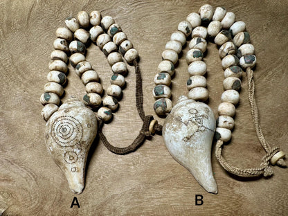 Inlaid Naga Conch Shell Mala Beads: Chank Shell Pendant, Nepal