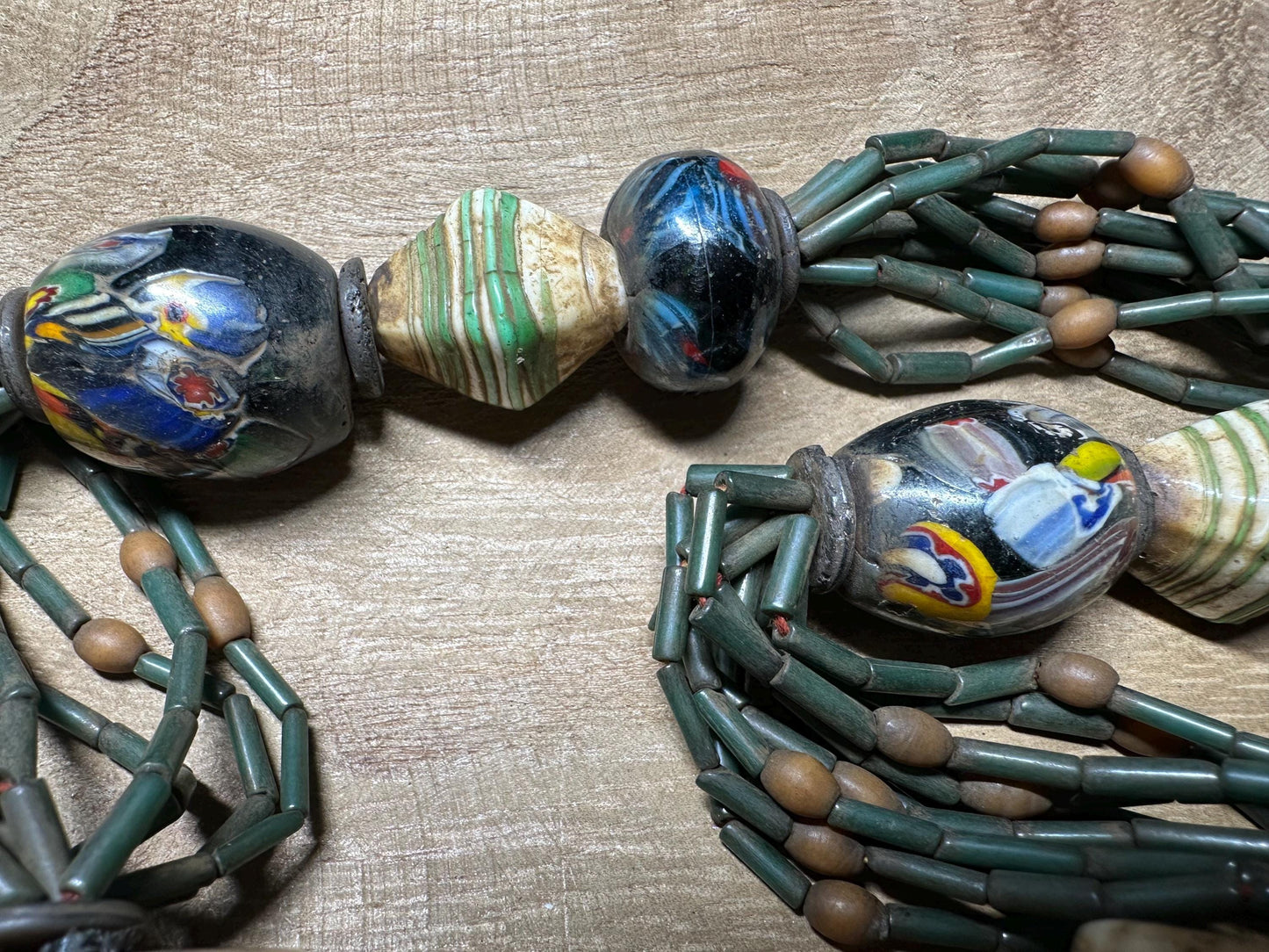 Handmade Nepal Tribal Necklace: Amber Resin, Bone & Brass Amulets