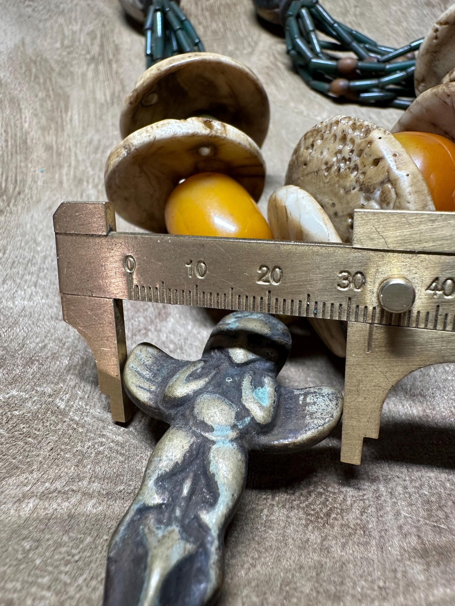 Handmade Nepal Tribal Necklace: Amber Resin, Bone & Brass Amulets