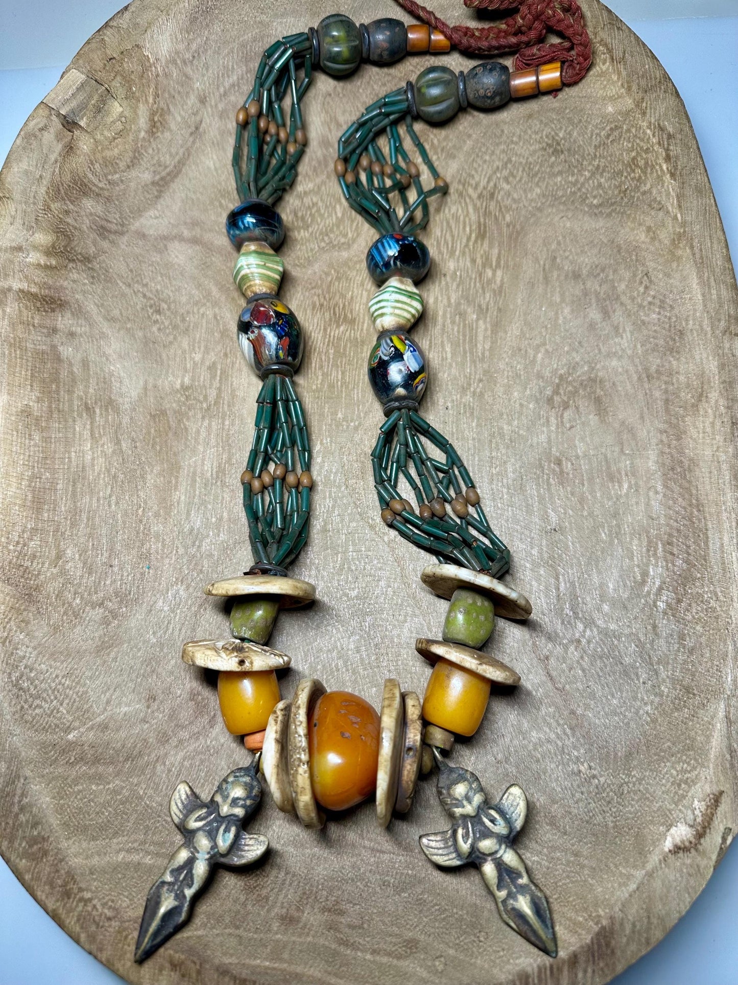 Handmade Nepal Tribal Necklace: Amber Resin, Bone & Brass Amulets