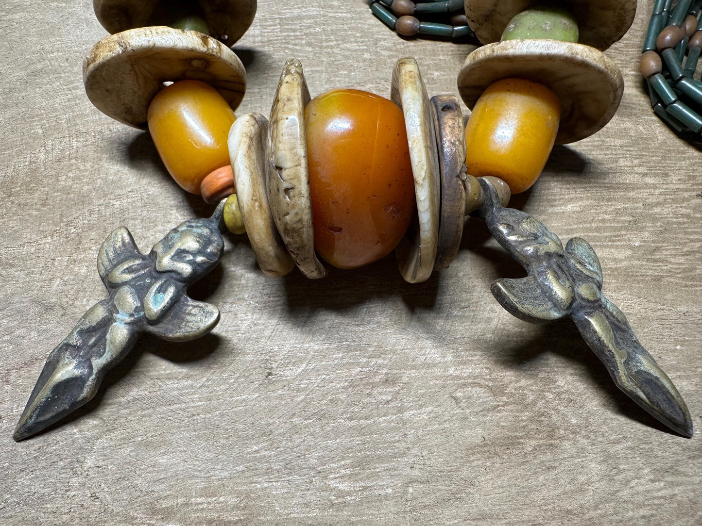 Handmade Nepal Tribal Necklace: Amber Resin, Bone & Brass Amulets