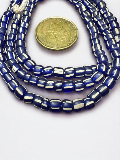 Striped Java Glass Beads  Navy Blue and White Handmade Beads  Jewelry Making Supplies