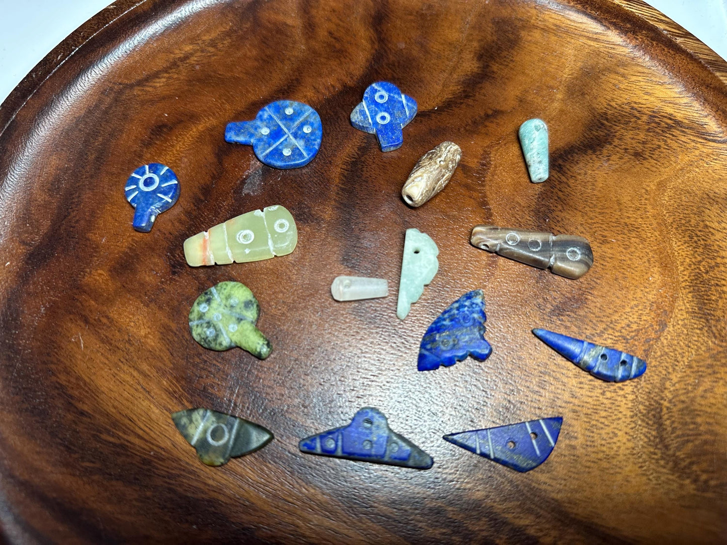 Carved Gemstone Amulets: Jade, Agate, Lapis Lazuli Tribal Beads (Lot of 15)