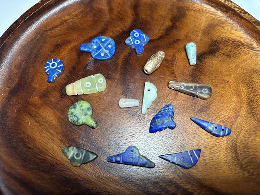 Carved Gemstone Amulets: Jade, Agate, Lapis Lazuli Tribal Beads (Lot of 15)