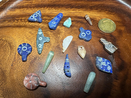 Hand Carved Gemstone Amulet Lot: Lapis, Jade, Agate Boho Jewelry Supplies