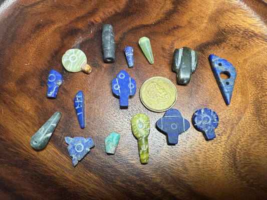 Ethnic Stone Amulets  15 Carved Gemstone Beads in Jade, Lapis & Agate  Jewelry Making Lot