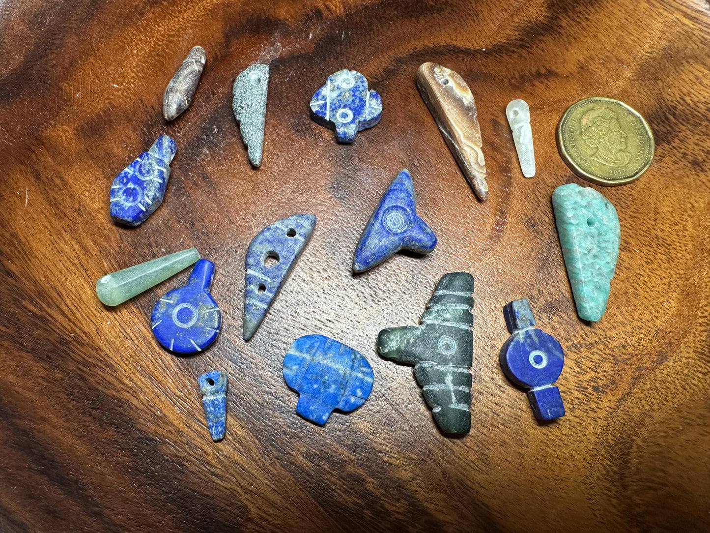 15 Tribal Amulets  Carved Gemstone Lot in Lapis, Jade, and Agate  Unique Craft Beads