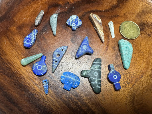 15 Tribal Amulets  Carved Gemstone Lot in Lapis, Jade, and Agate  Unique Craft Beads