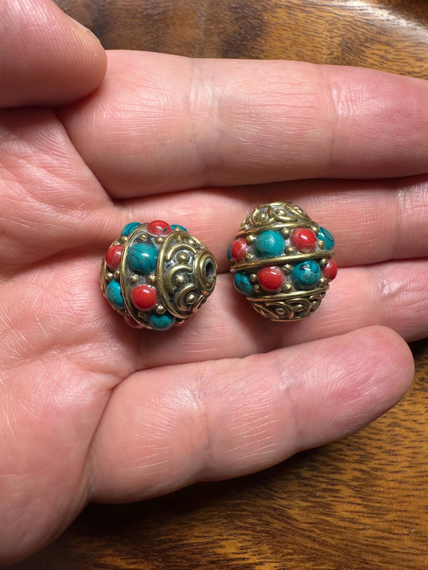 Nepal Tribal Brass Beads: Turquoise & Coral Inlay, Boho Jewelry (Set of 2)