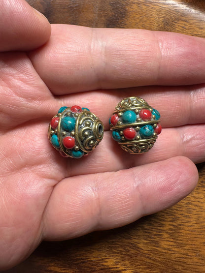 Nepal Tribal Brass Beads: Turquoise & Coral Inlay, Boho Jewelry (Set of 2)