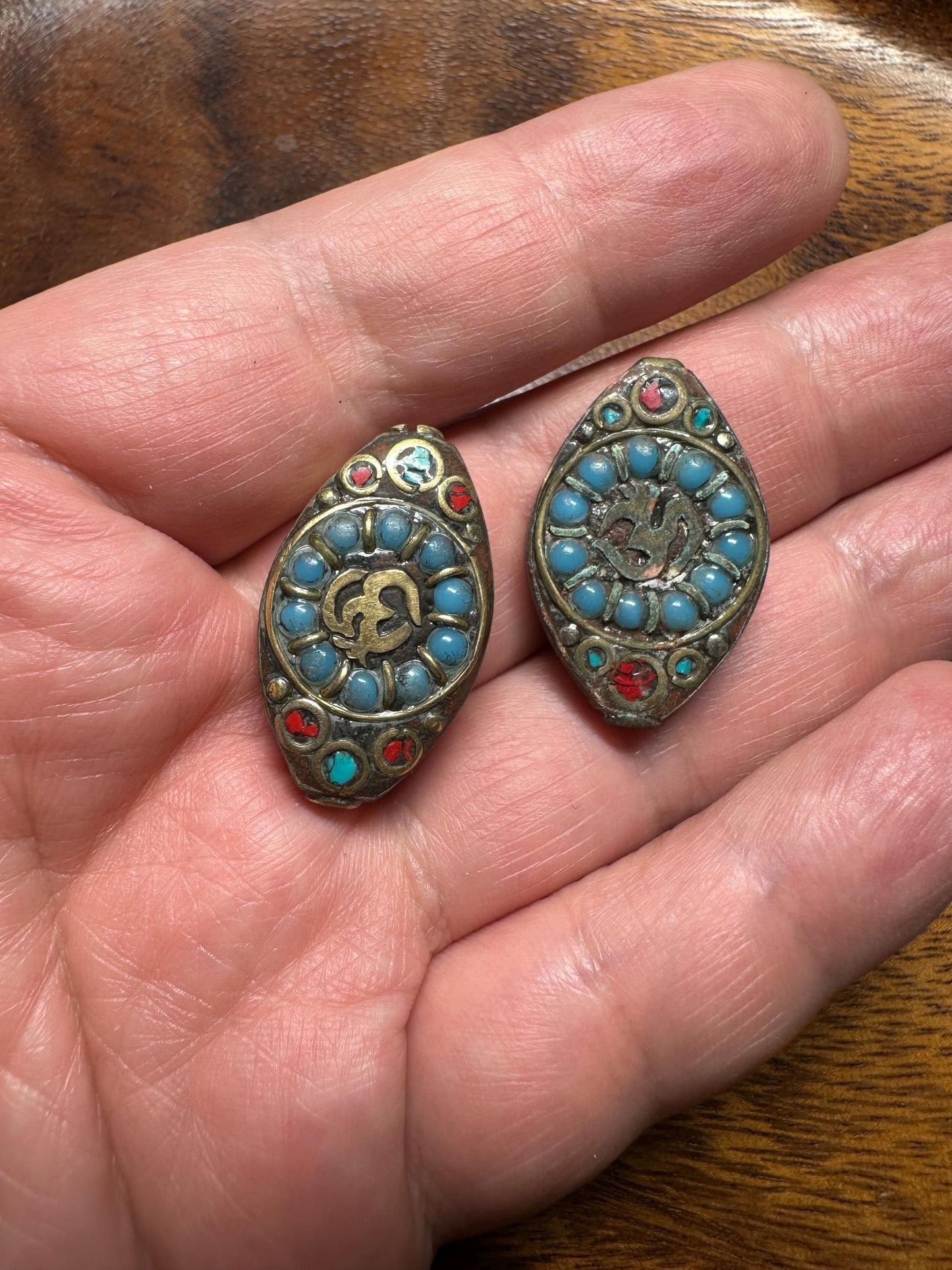 Handmade Nepal Brass Inlay Beads: Turquoise & Coral Style, Boho Jewelry (2 Pieces)