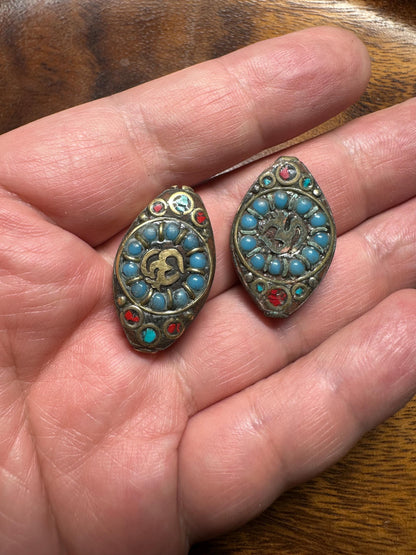 Handmade Nepal Brass Inlay Beads: Turquoise & Coral Style, Boho Jewelry (2 Pieces)