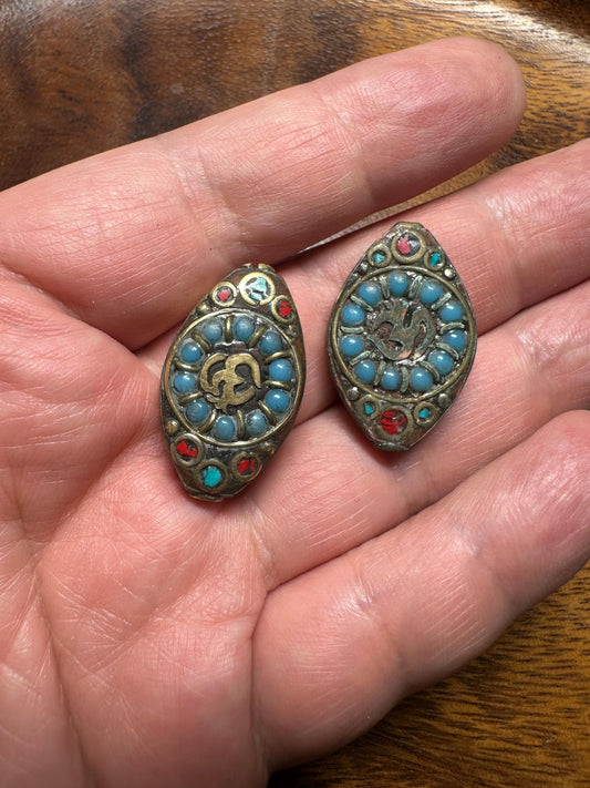 Handmade Nepal Brass Inlay Beads: Turquoise & Coral Style, Boho Jewelry (2 Pieces)