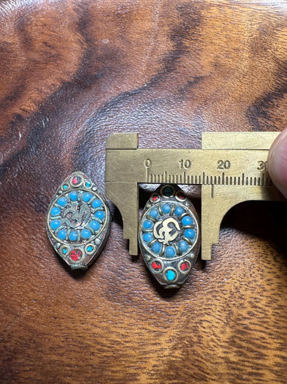 Handmade Nepal Brass Inlay Beads: Turquoise & Coral Style, Boho Jewelry (2 Pieces)