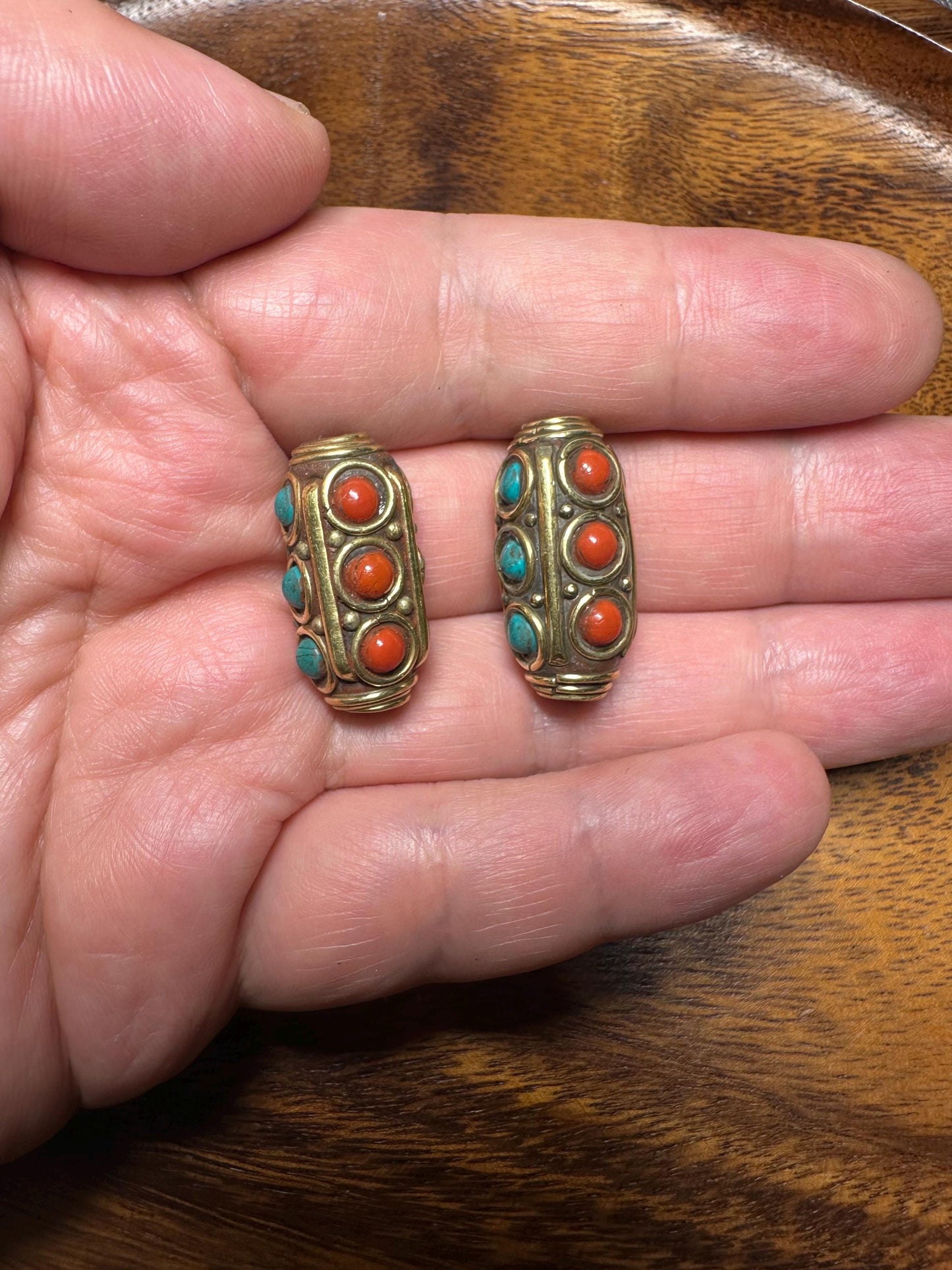Artisan Nepalese Brass Beads  Coral & Turquoise Inlay  Unique Tribal Jewelry Supplies