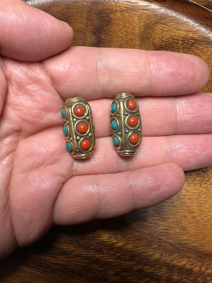 Artisan Nepalese Brass Beads  Coral & Turquoise Inlay  Unique Tribal Jewelry Supplies