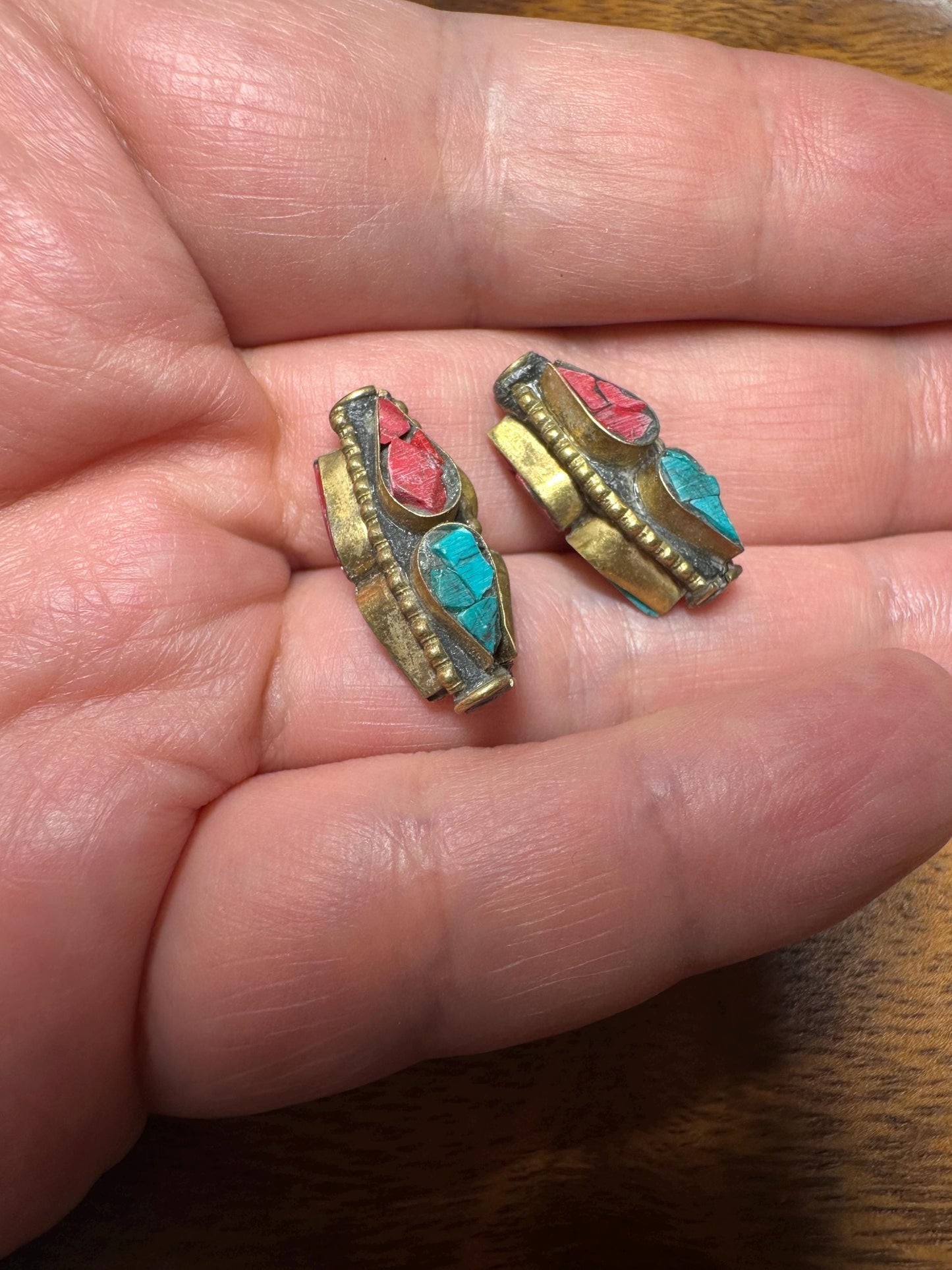 Brass Turquoise Coral Beads  Handmade Nepal Focal Beads  Ethnic Jewelry Making