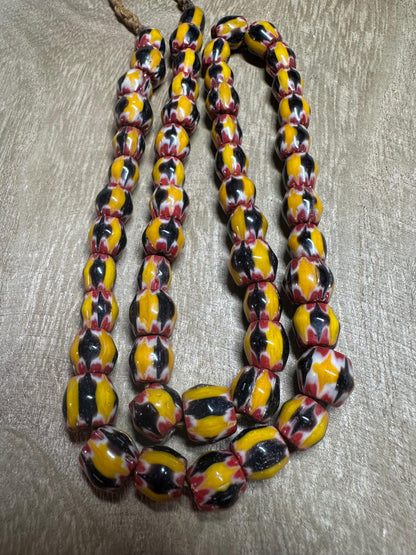 Handmade Nepalese Chevron Glass Beads: Yellow, Red, Black, Trade Bead Style