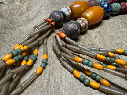 Tribal Necklace: Brass Spiral Pendant, Vintage Amber Beads, Nepalese Jewelry