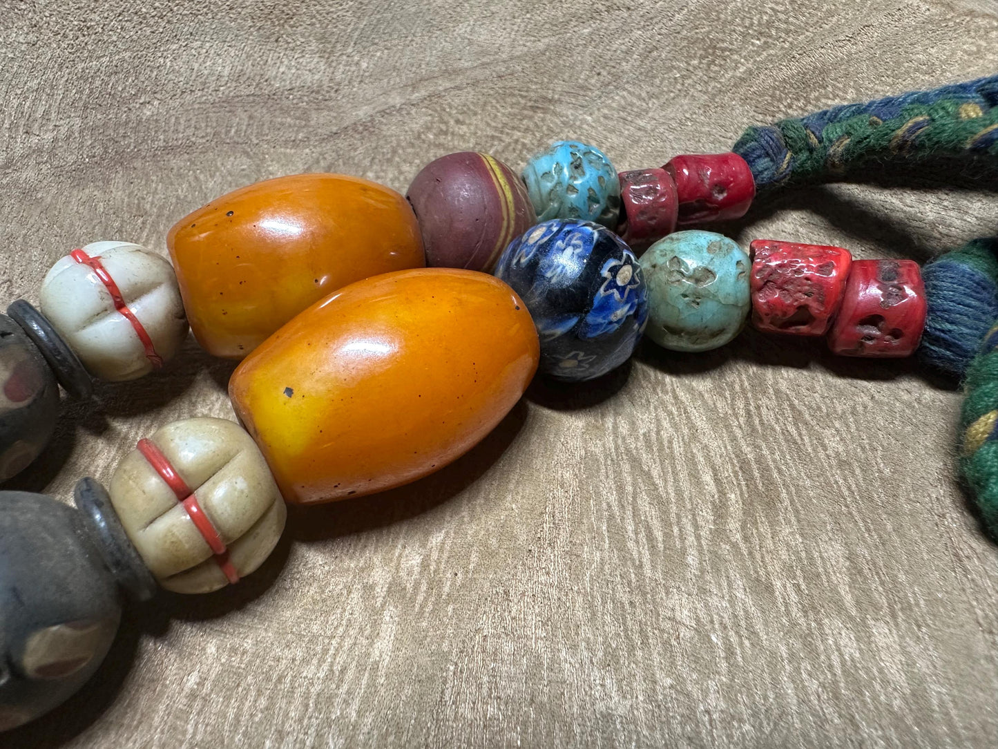 Tribal Necklace: Brass Spiral Pendant, Vintage Amber Beads, Nepalese Jewelry