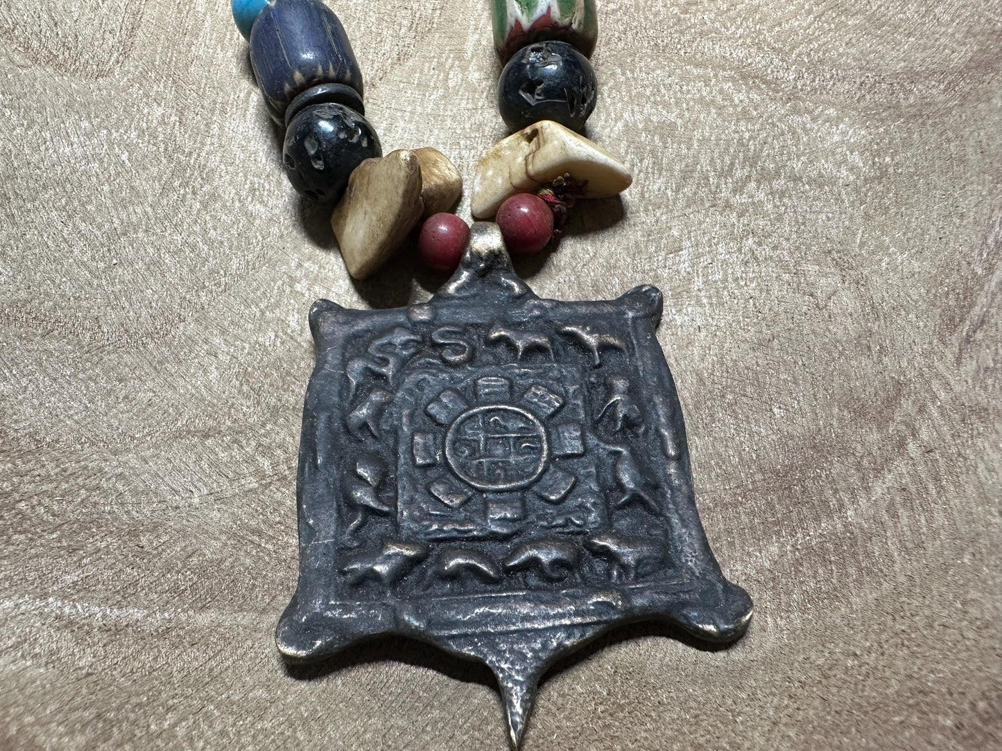 Handmade Nepal Tribal Necklace: Amulet Pendant, Vintage Beads