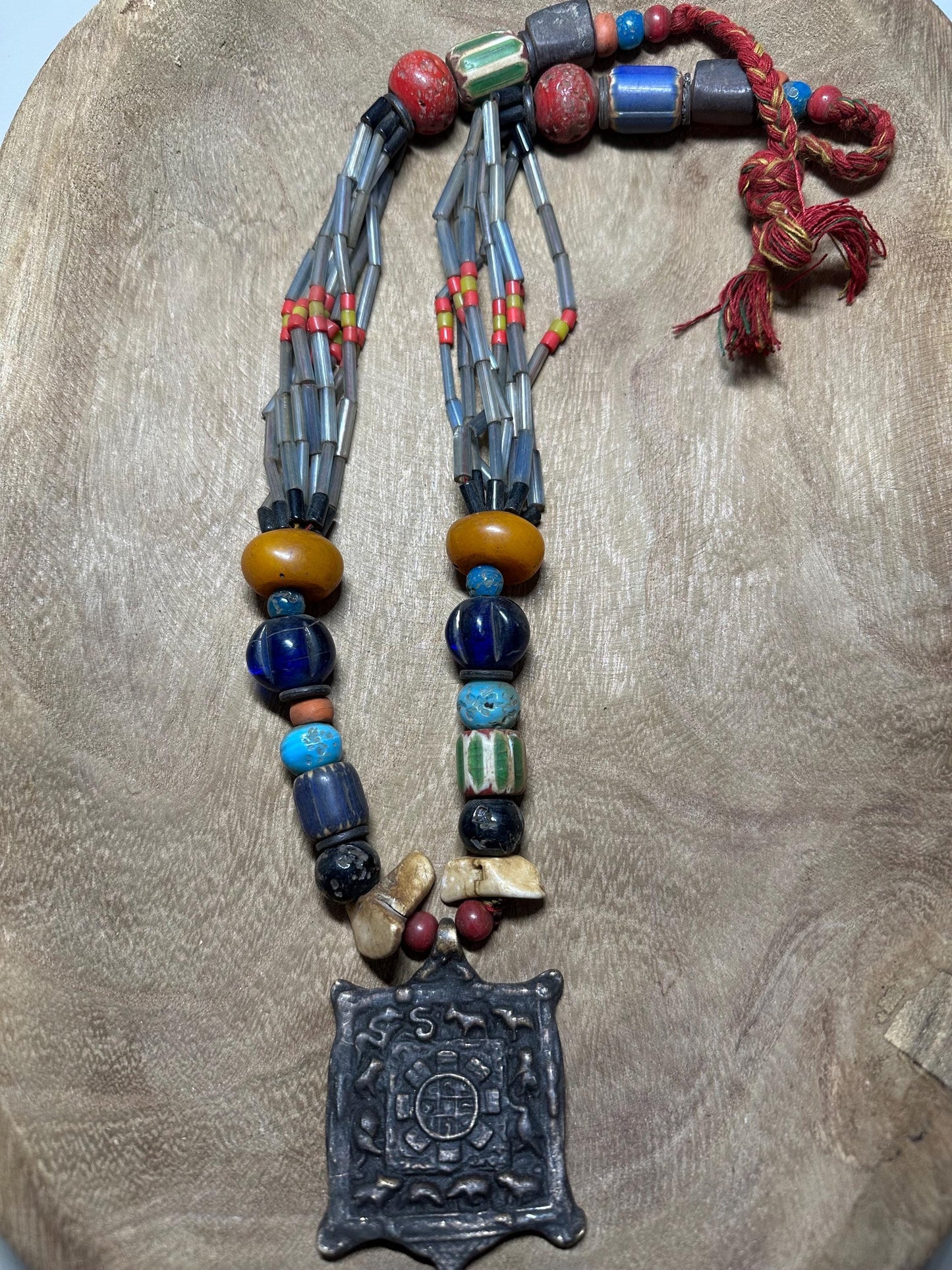 Handmade Nepal Tribal Necklace: Amulet Pendant, Vintage Beads