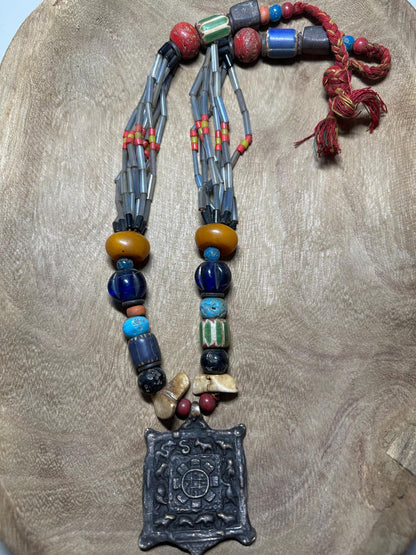 Handmade Nepal Tribal Necklace: Amulet Pendant, Vintage Beads