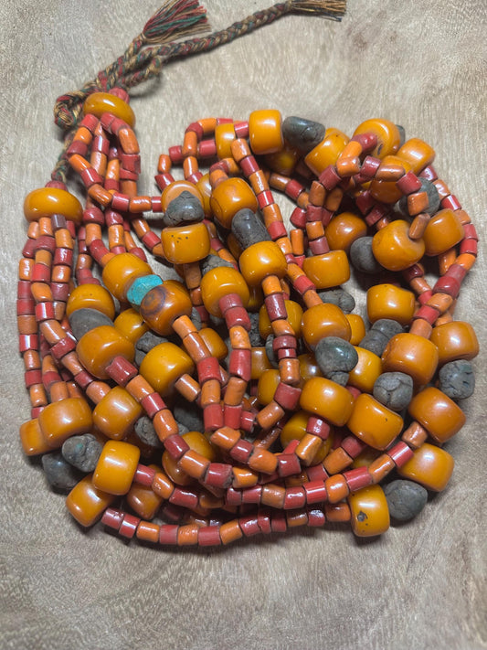 Vintage Nepal Handcrafted Amber Resin & Coral Glass Beads Necklace  Tribal Multi-Strand Ethnic Jewelry
