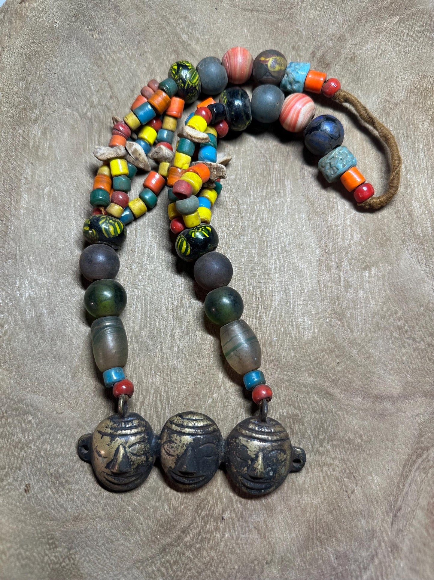 Handmade Nepalese Tribal Beaded Necklace with Brass Face Pendants  Ethnic Himalayan Boho Statement Jewelry