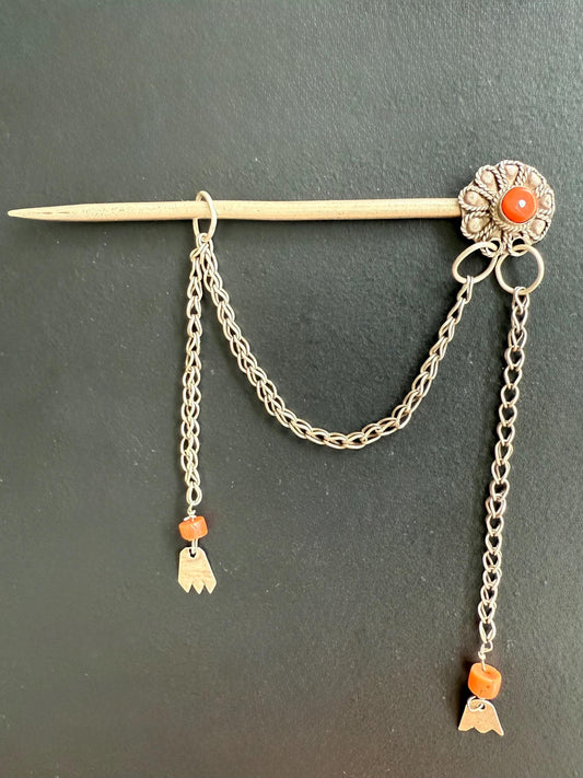 Vintage Nepal Hair Stick  Sterling Silver with Natural Red Coral  Handmade Traditional Hair Pin  Ethnic Himalayan Jewelry