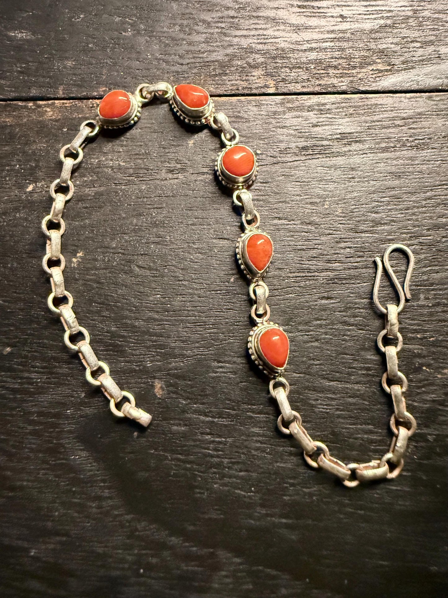 Antique Red Coral Bracelet: Sterling Silver Chain, Handmade Boho Jewelry