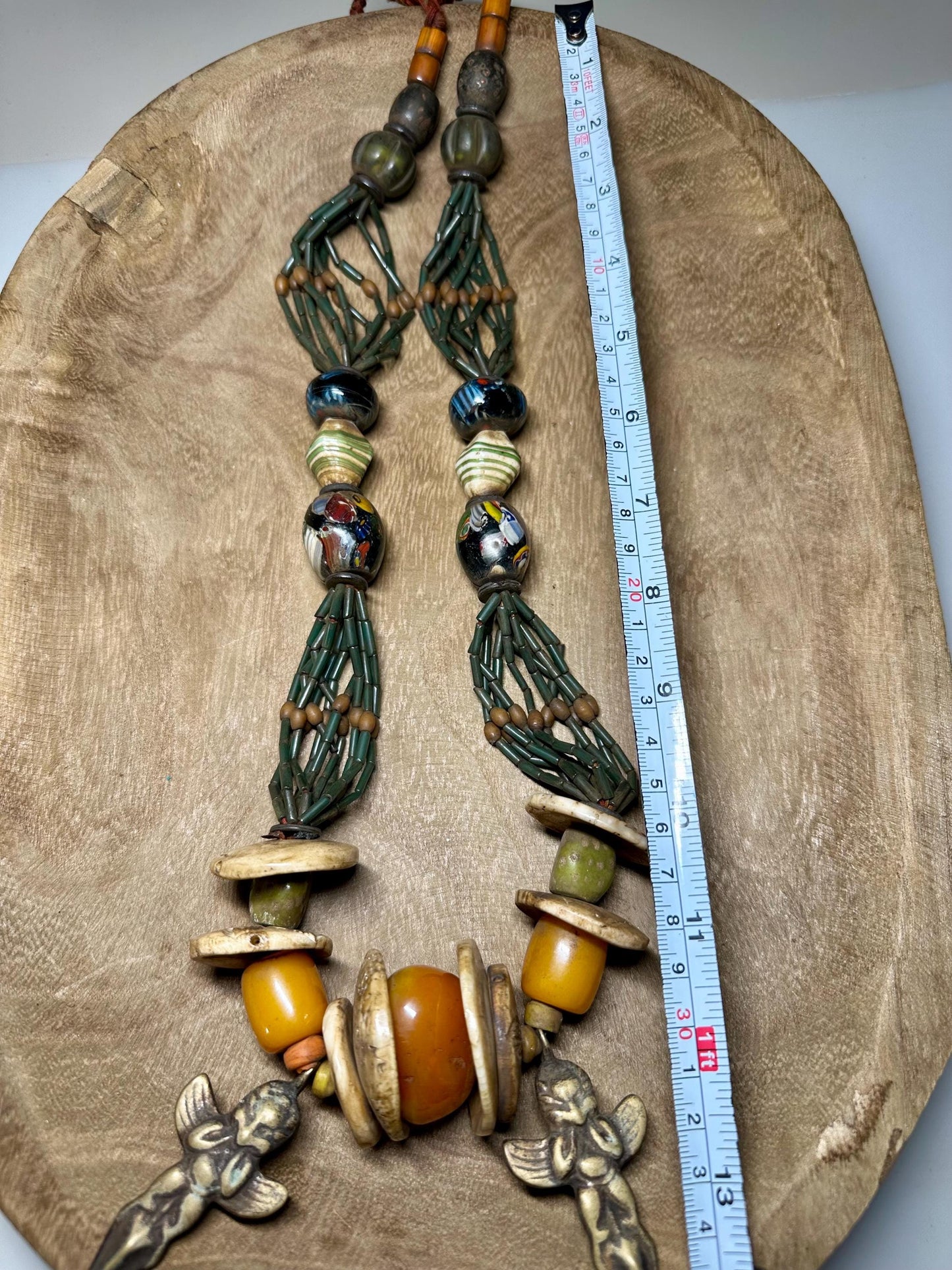 Handmade Nepal Tribal Necklace: Amber Resin, Bone & Brass Amulets