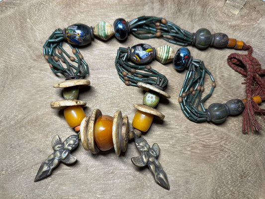 Handmade Nepal Tribal Necklace: Amber Resin, Bone & Brass Amulets