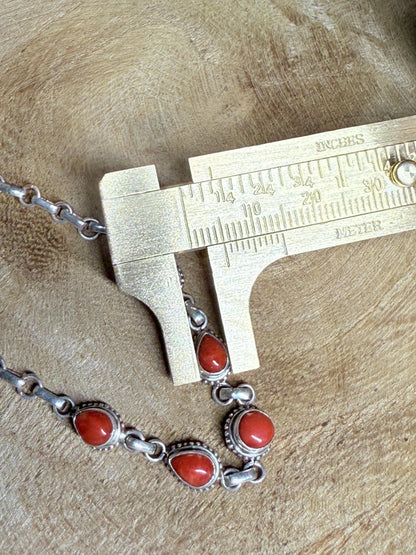 Antique Red Coral Bracelet: Sterling Silver Chain, Handmade Boho Jewelry