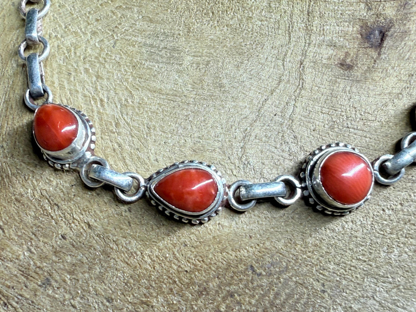 Antique Red Coral Bracelet: Sterling Silver Chain, Handmade Boho Jewelry