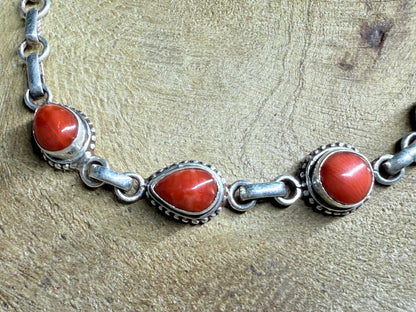 Antique Red Coral Bracelet: Sterling Silver Chain, Handmade Boho Jewelry