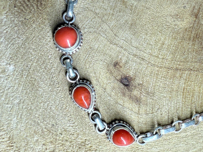 Antique Red Coral Bracelet: Sterling Silver Chain, Handmade Boho Jewelry