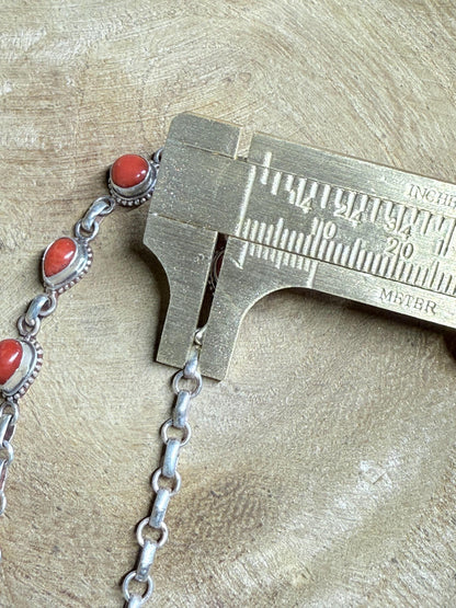Antique Red Coral Bracelet: Sterling Silver Chain, Handmade Boho Jewelry