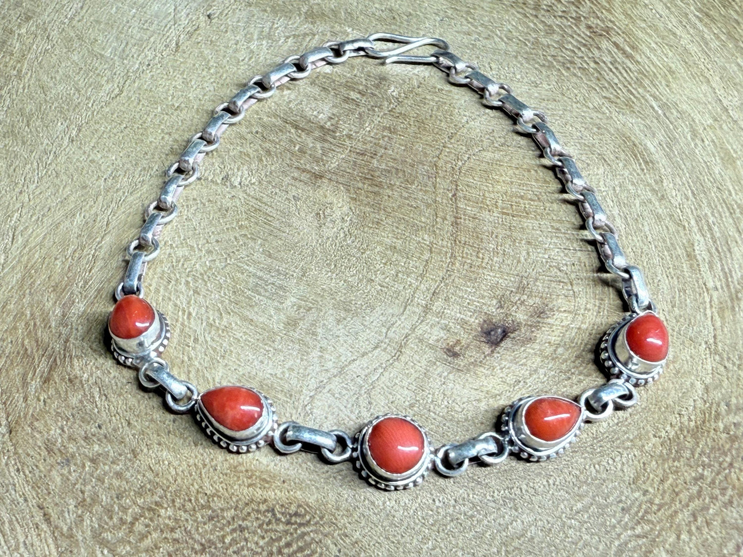 Antique Red Coral Bracelet: Sterling Silver Chain, Handmade Boho Jewelry