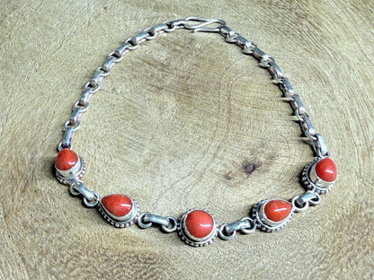 Antique Red Coral Bracelet: Sterling Silver Chain, Handmade Boho Jewelry