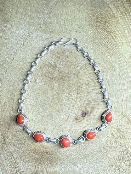 Antique Red Coral Bracelet: Sterling Silver Chain, Handmade Boho Jewelry