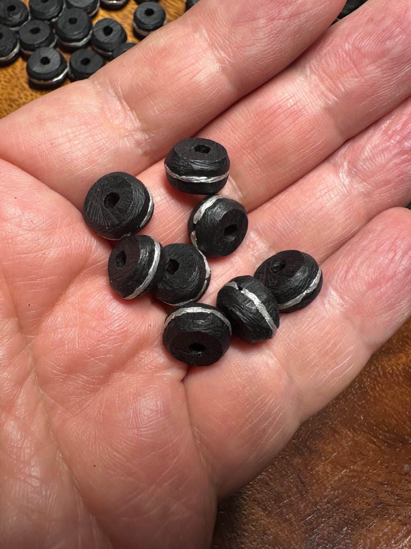 Ebony Wood Beads with Metal Inlay  Handmade Loose Spacer Beads for Jewelry Making